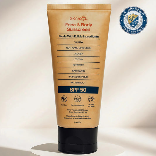 Sky and Sol Mineral Sunscreen SPF 50 With Grass-Fed Tallow & Zinc Oxide, Non-Greasy Formula for Face & Body, Made Without Reef-Harming UV Filters, 3 oz (85 g)
