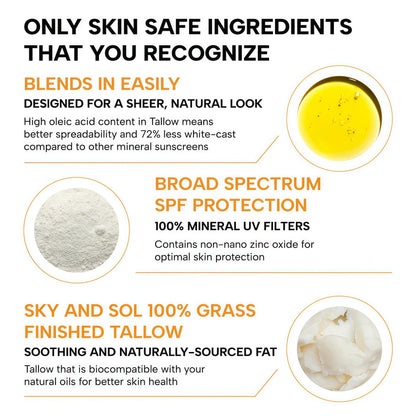 Sky and Sol Mineral Sunscreen SPF 50 With Grass-Fed Tallow & Zinc Oxide, Non-Greasy Formula for Face & Body, Made Without Reef-Harming UV Filters, 3 oz (85 g)